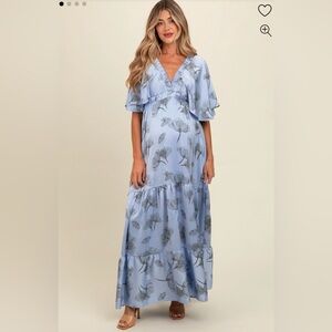 Pink Blush Light Blue Floral Deep V-Neck Maternity Maxi Dress